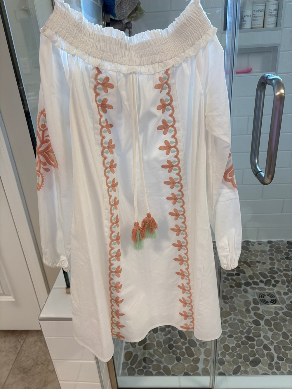 White Embroidered Peasant Tunic with Coral Accents